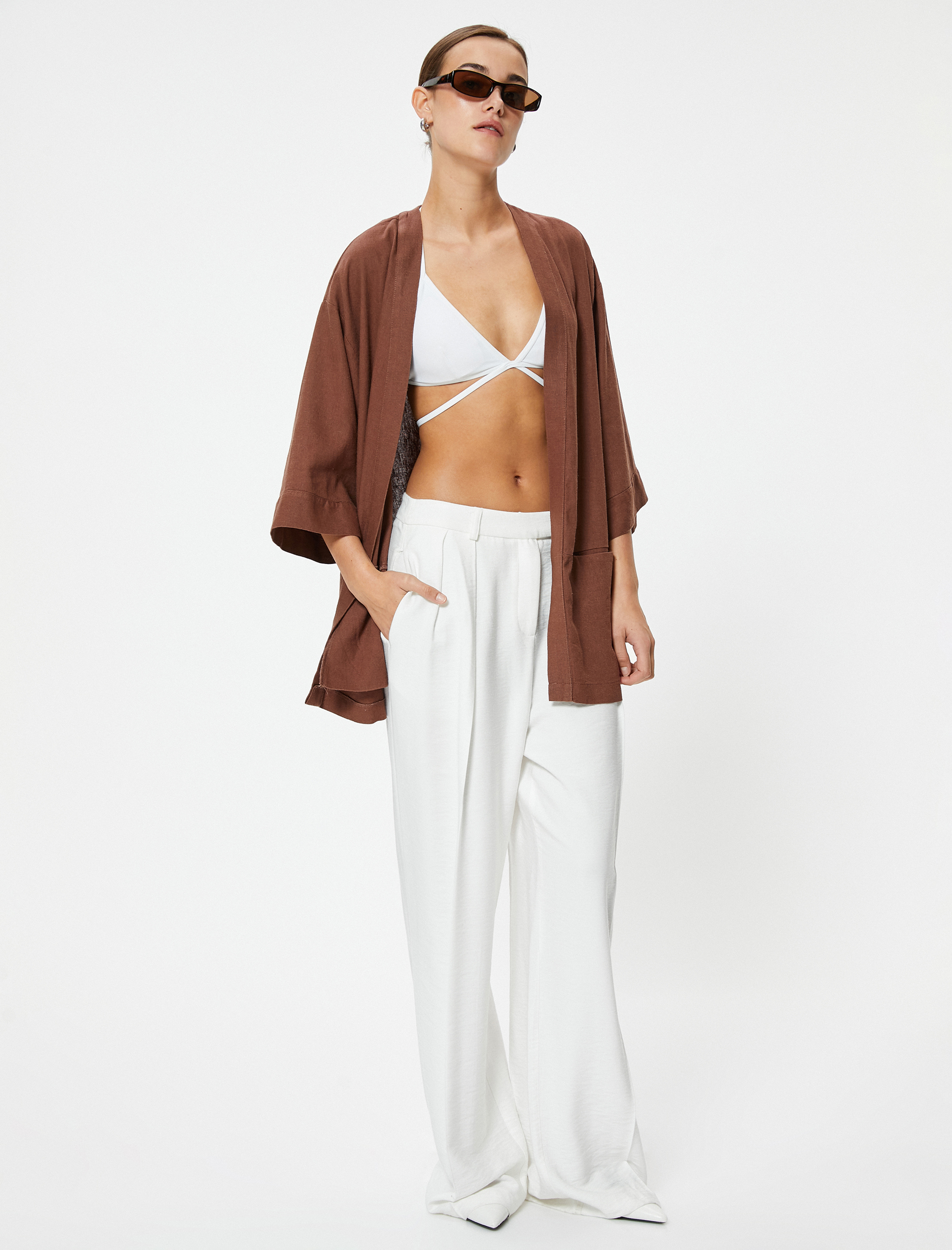   Oversize Keten Kimono Kalça Boy Cepli 3/4 Geniş Kol