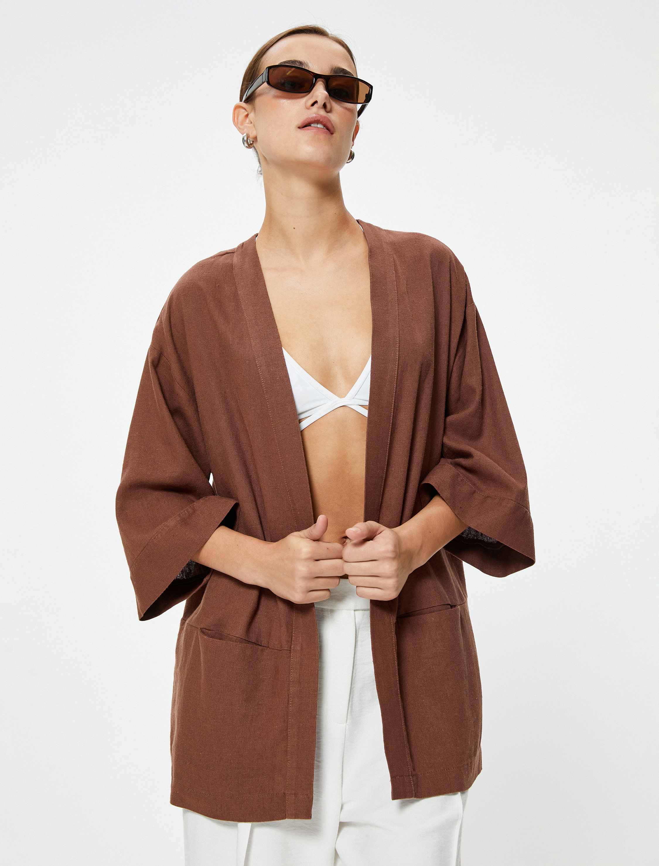   Oversize Keten Kimono Kalça Boy Cepli 3/4 Geniş Kol