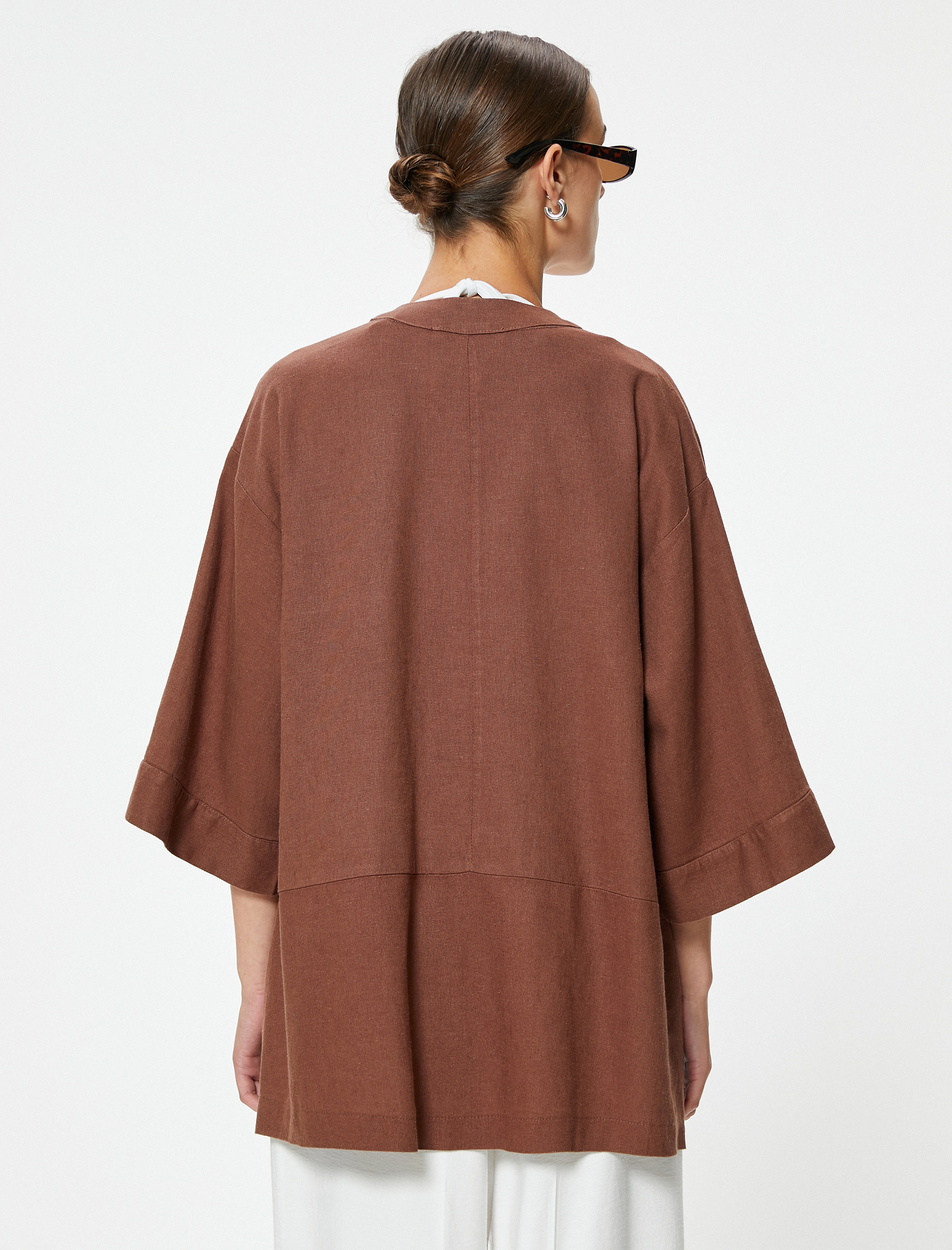   Oversize Keten Kimono Kalça Boy Cepli 3/4 Geniş Kol