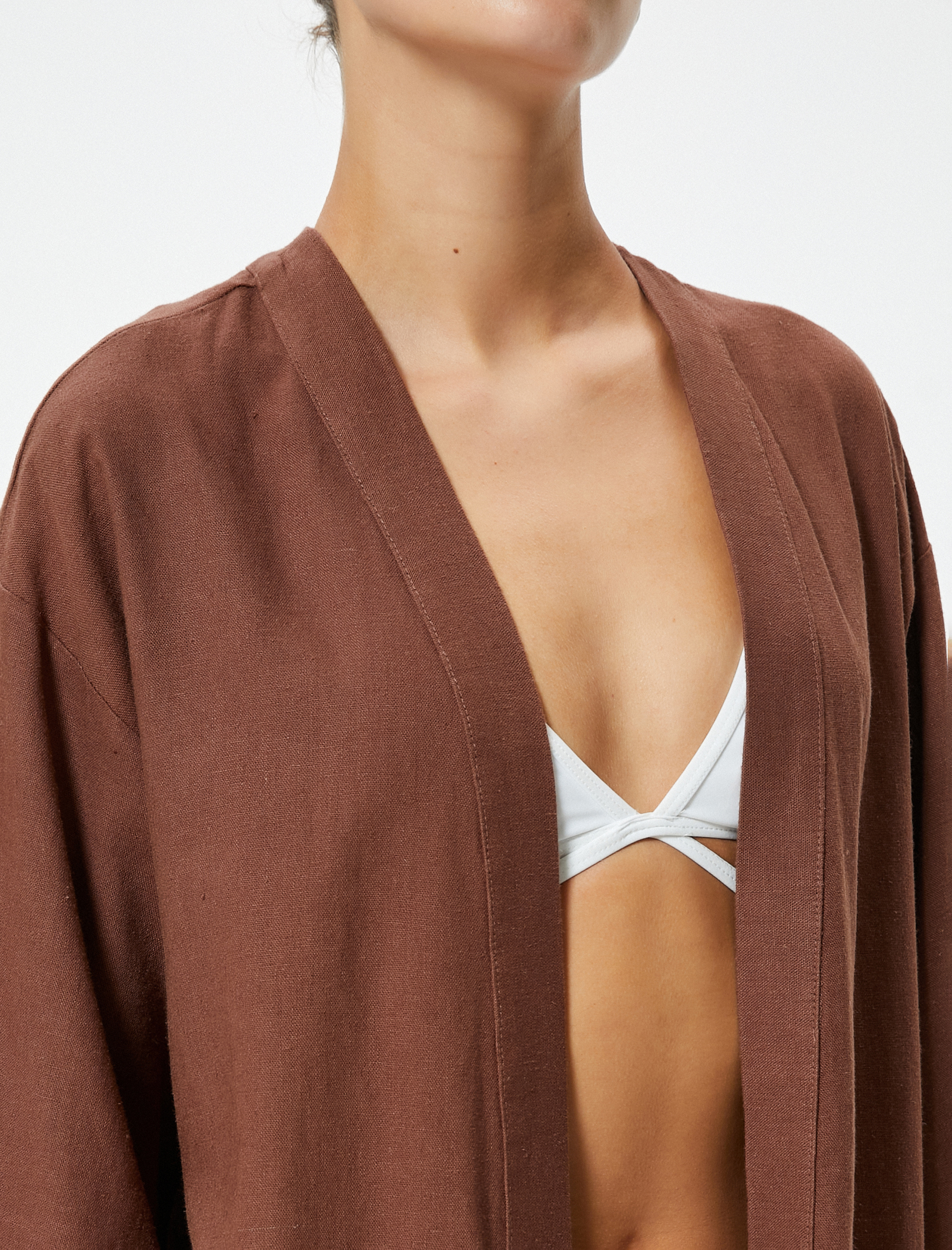   Oversize Keten Kimono Kalça Boy Cepli 3/4 Geniş Kol