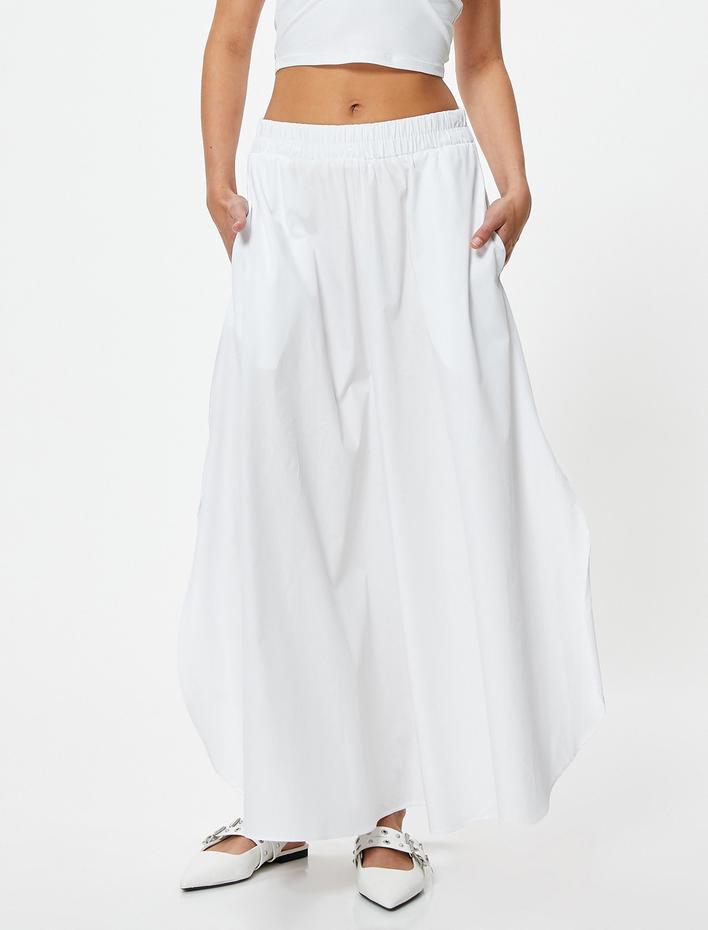  Uzun Kloş Etek Yırtmaç Detaylı Pamuklu Standart Bel