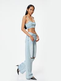 Geniş Paça Yırtık Kot Pantolon Standart Bel Düğmeli - Bianca Wide Leg Jean