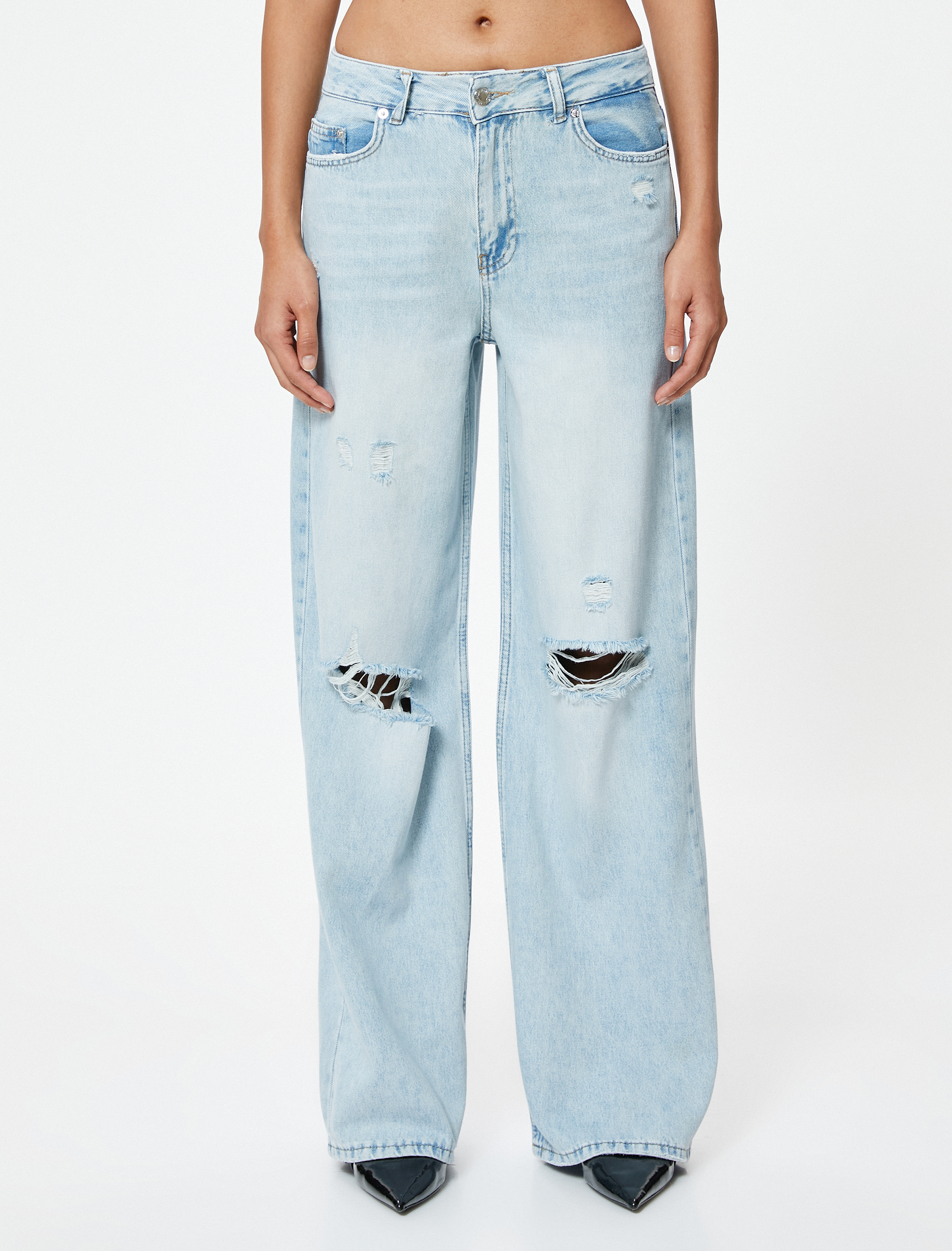   Geniş Paça Yırtık Kot Pantolon Standart Bel Düğmeli - Bianca Wide Leg Jean