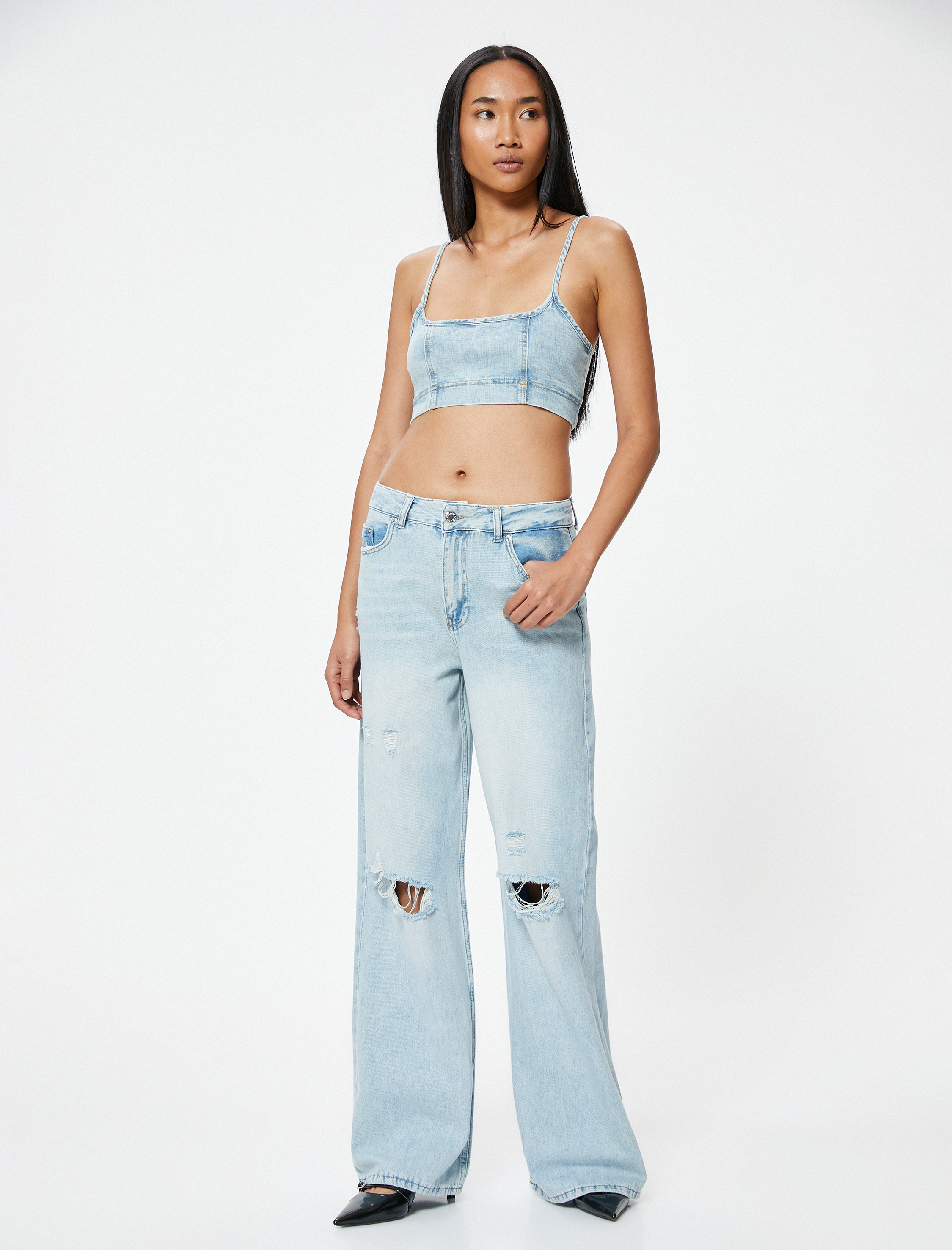   Geniş Paça Yırtık Kot Pantolon Standart Bel Düğmeli - Bianca Wide Leg Jean