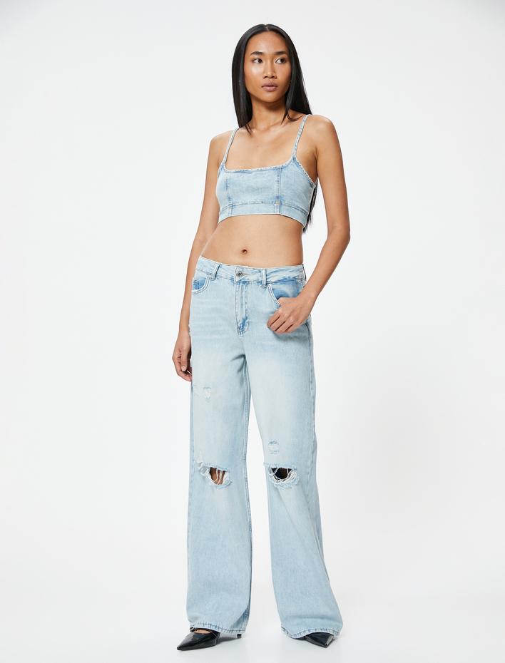  Geniş Paça Yırtık Kot Pantolon Standart Bel Düğmeli - Bianca Wide Leg Jean