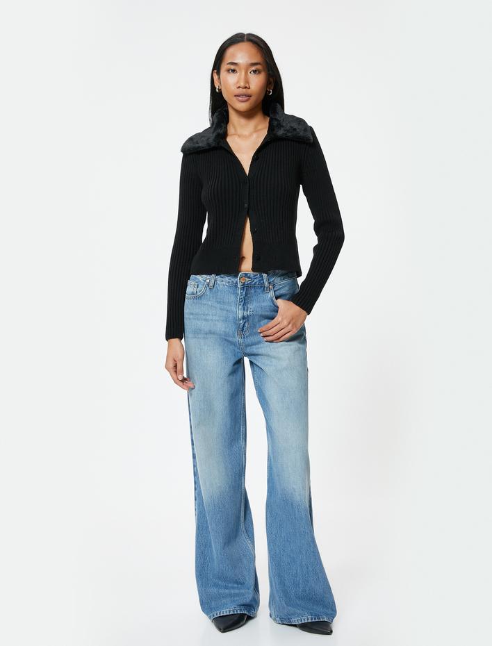  Suni Kürk Yaka Triko Hırka Düğmeli Uzun Kollu