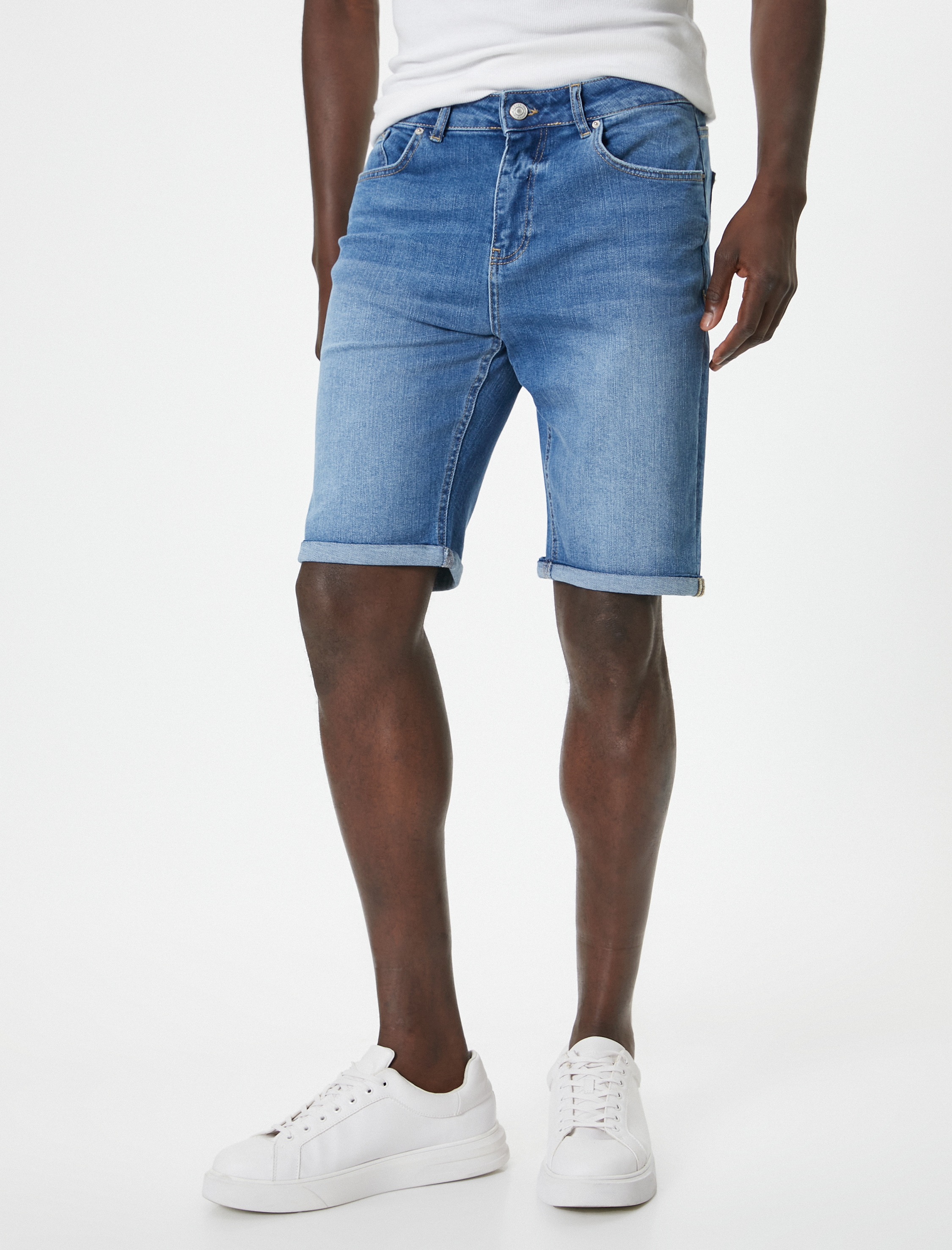   Slim Fit Kot Şort Bermuda Düğmeli Cep Detaylı