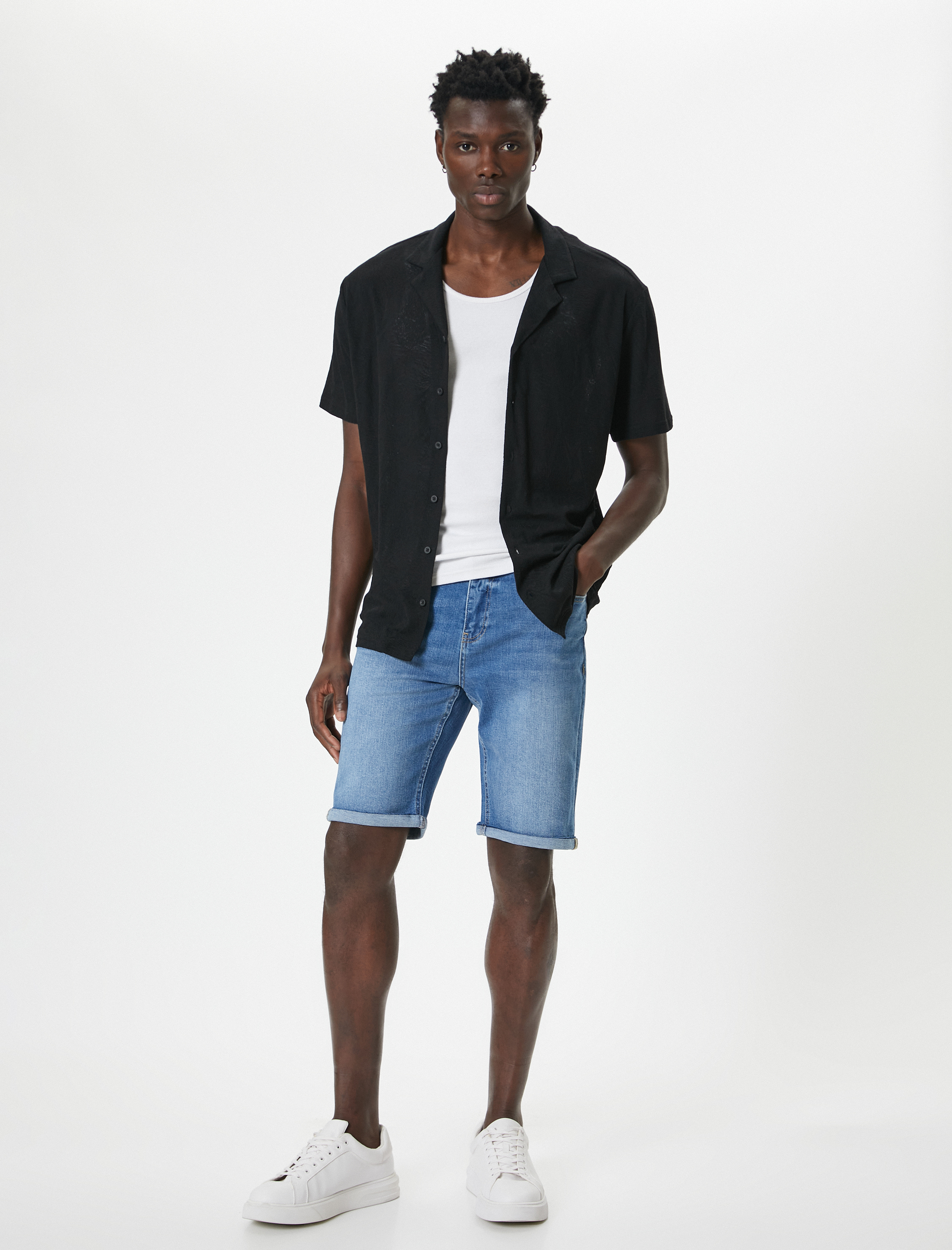   Slim Fit Kot Şort Bermuda Düğmeli Cep Detaylı