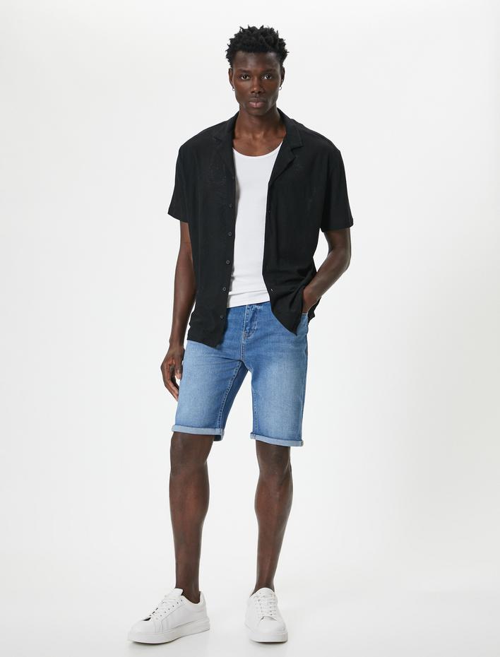  Slim Fit Kot Şort Bermuda Düğmeli Cep Detaylı