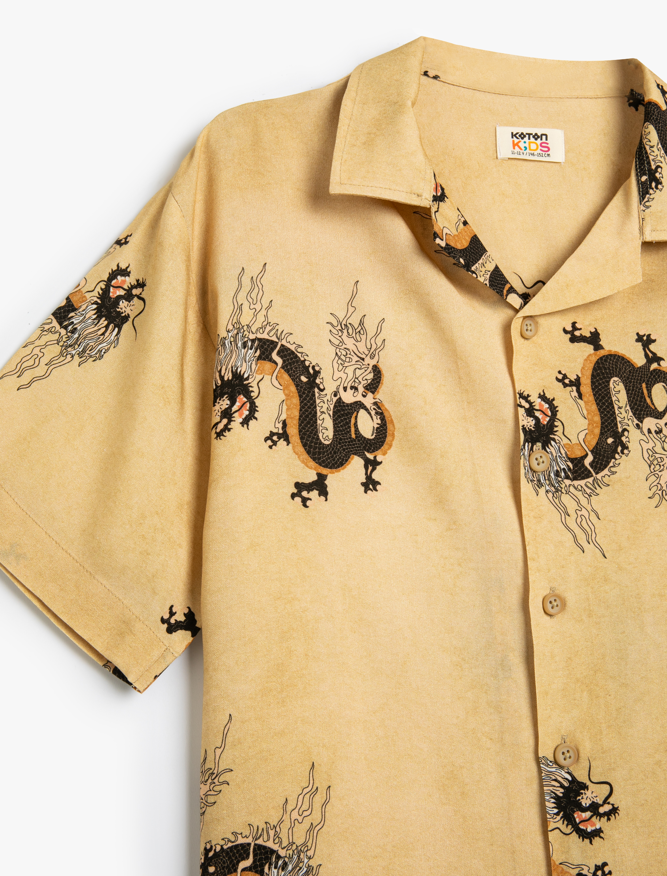  Erkek Çocuk Gömlek Ejderha Baskılı Kısa Kollu Viskoz Kumaş