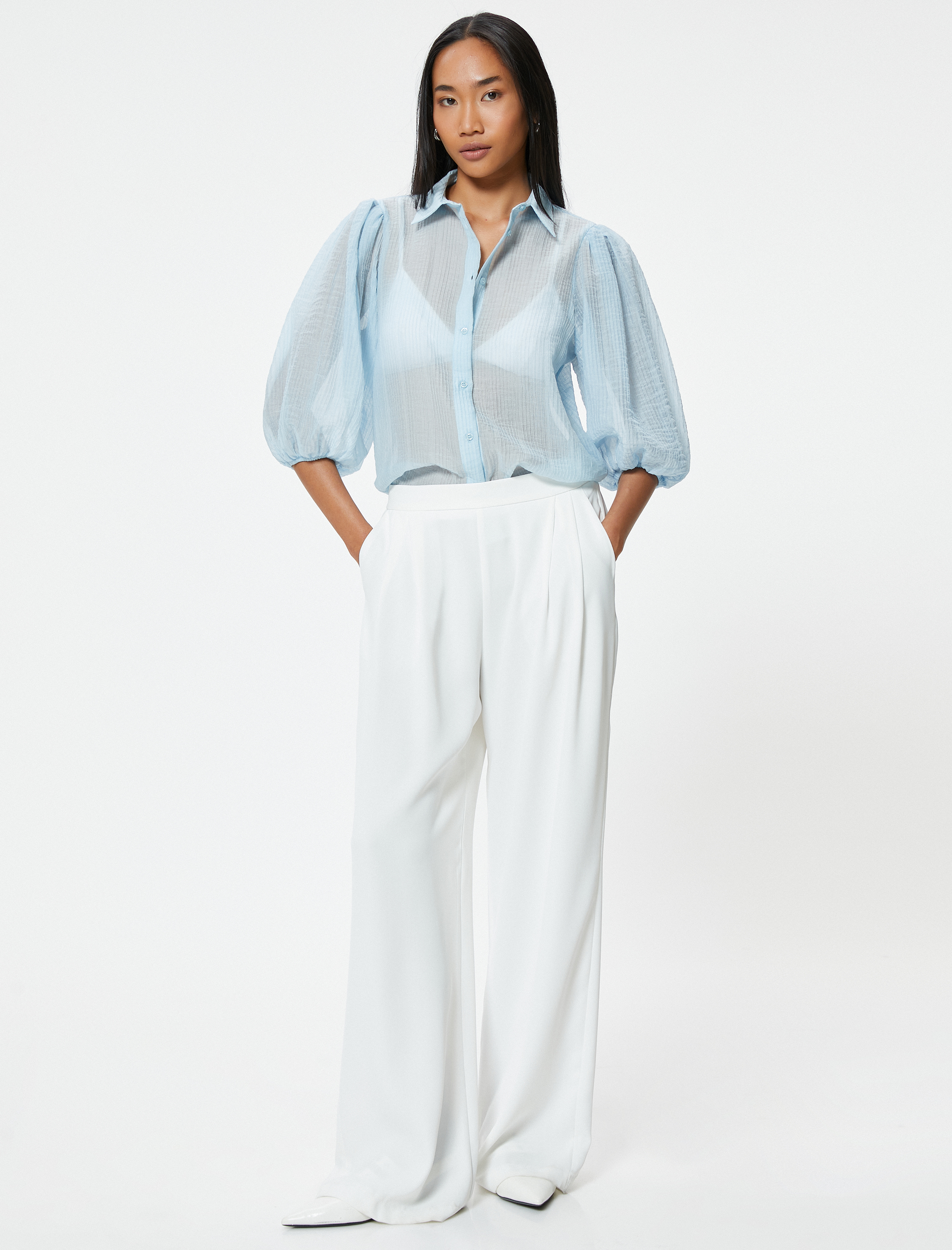   Balon Kol Gömlek Yarı Transparan 3/4 Kol Dokulu