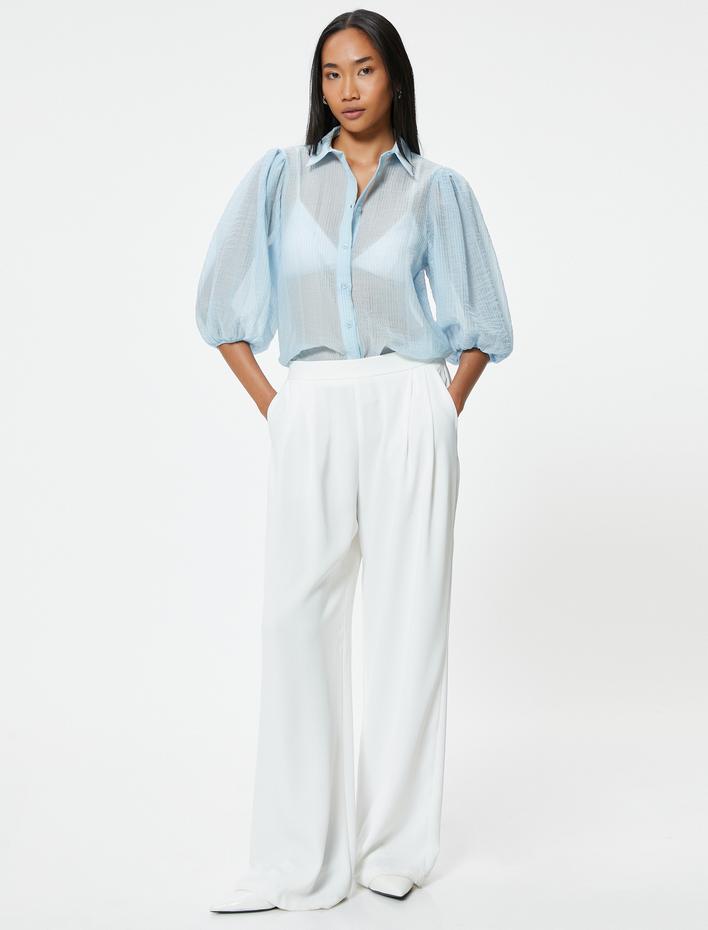  Balon Kol Gömlek Yarı Transparan 3/4 Kol Dokulu