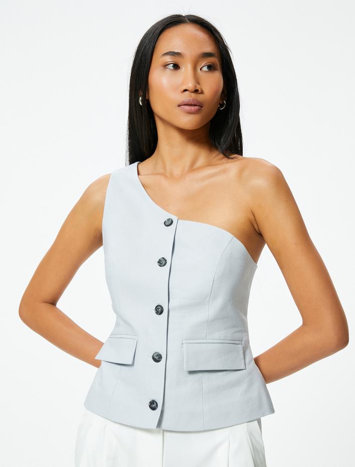  Tek Omuz Keten Yelek Kapaklı Cep Detaylı