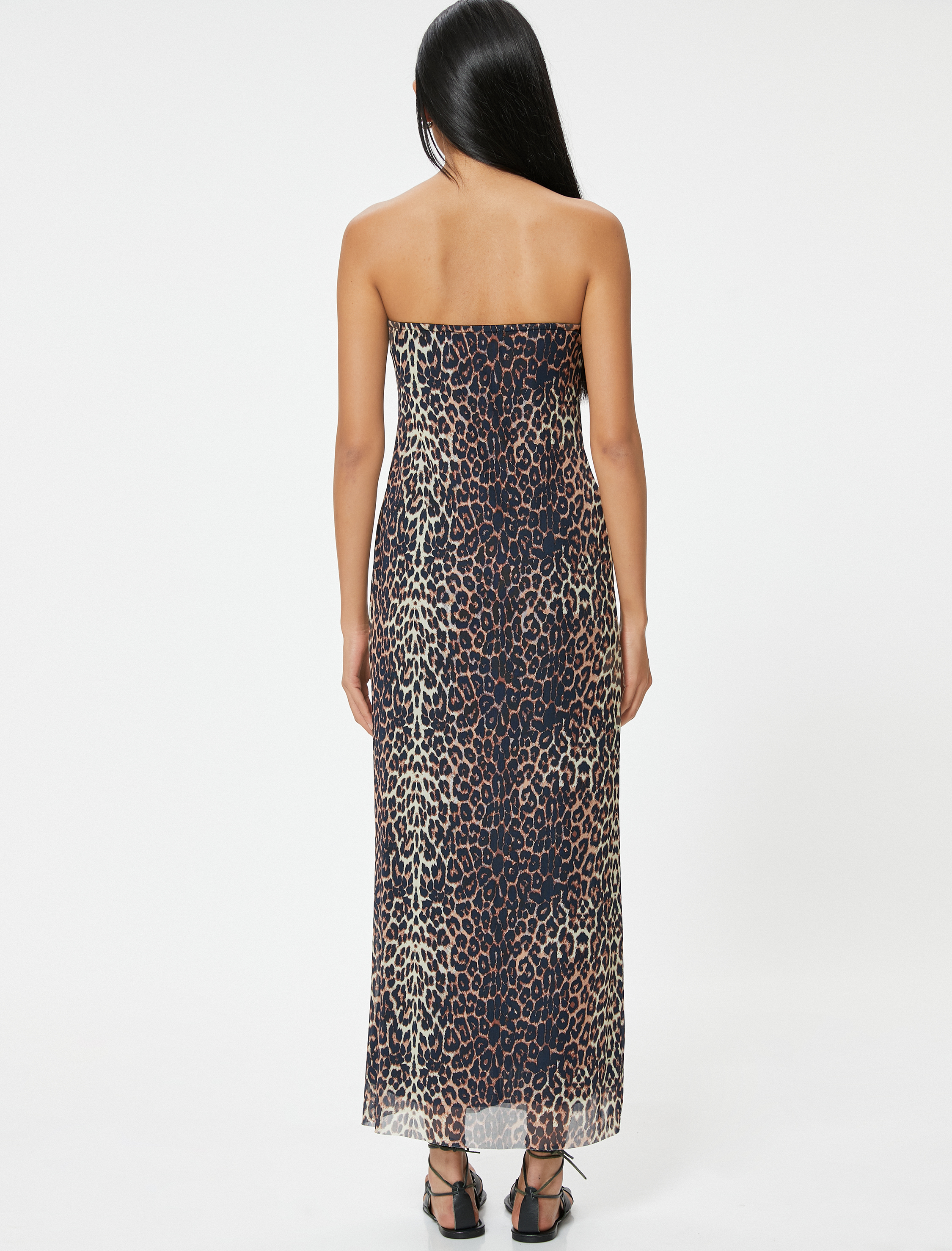   Leopar Desenli Elbise Straplez Tül Yırtmaç Detaylı Astarlı