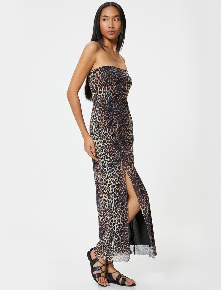  Leopar Desenli Elbise Straplez Tül Yırtmaç Detaylı Astarlı