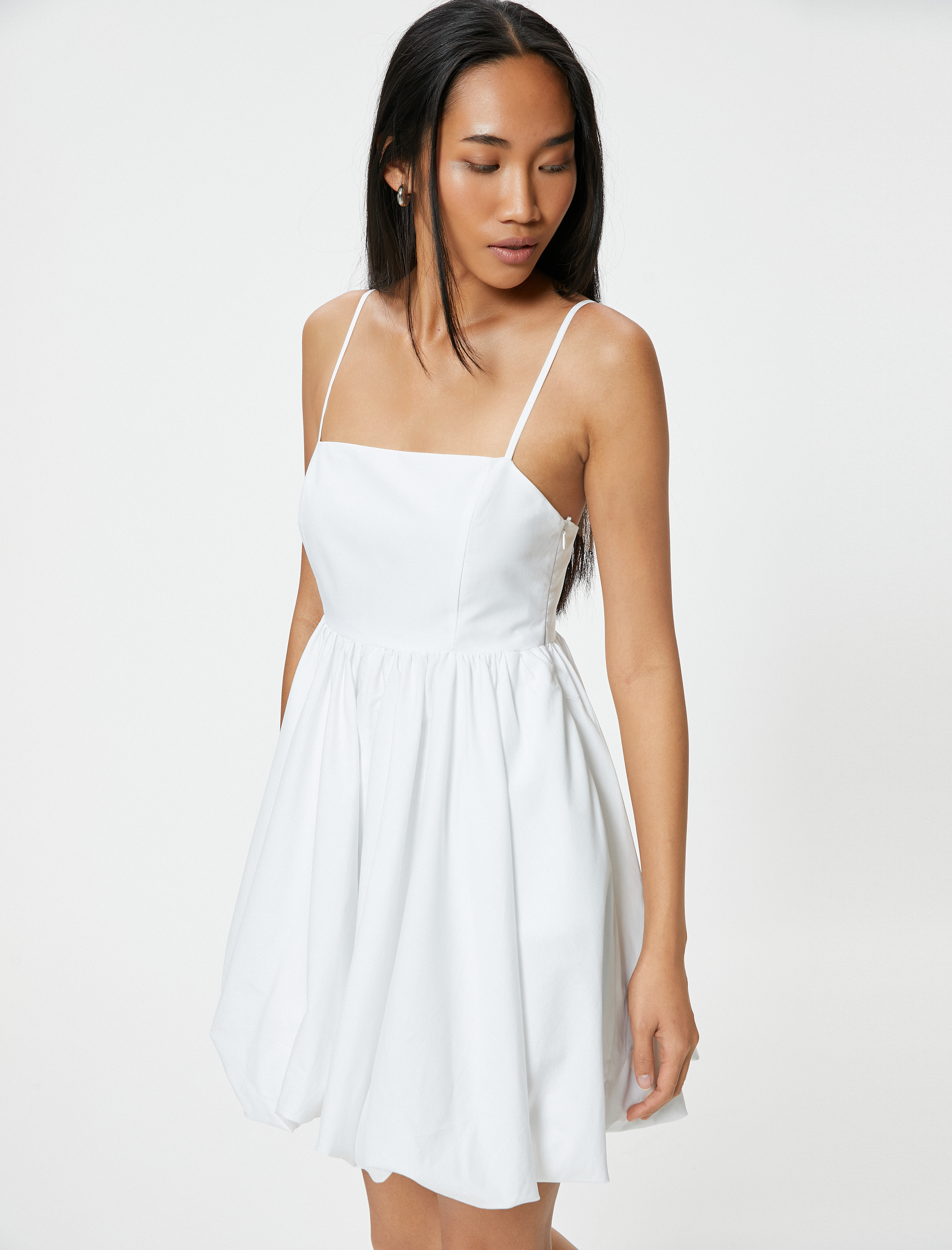   Mini Balon Elbise İnce Askılı Astarlı Pamuklu Poplin Kumaş Slim Fit