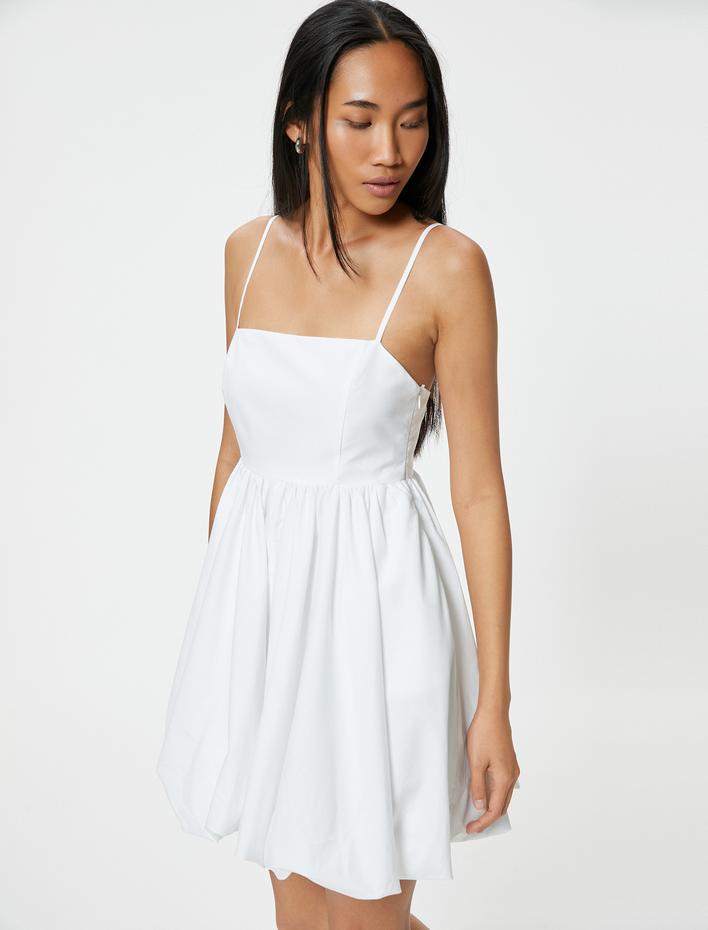  Mini Balon Elbise İnce Askılı Astarlı Pamuklu Poplin Kumaş Slim Fit