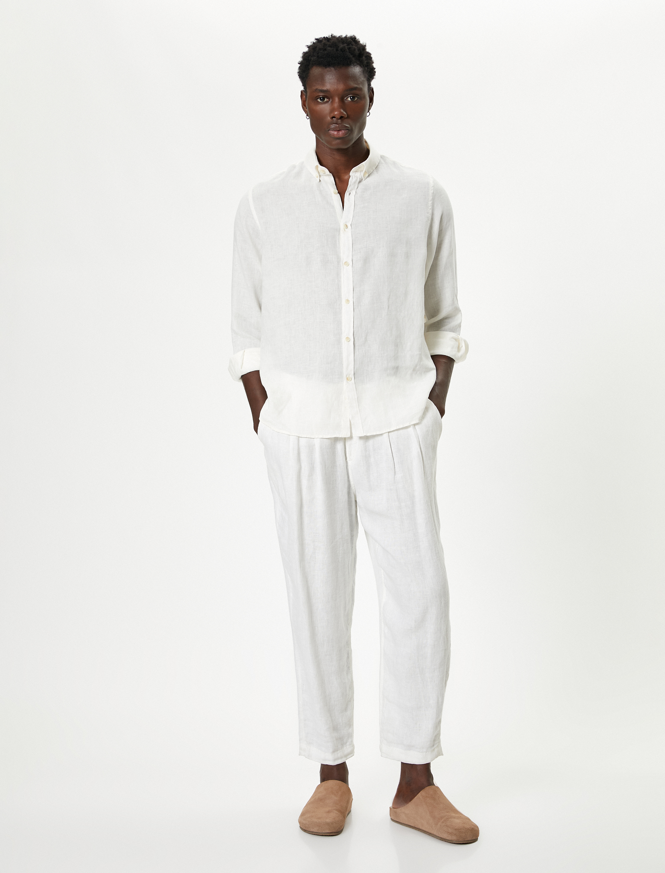   Keten Gömlek Klasik Yaka Uzun Kollu Düğmeli Regular Fit