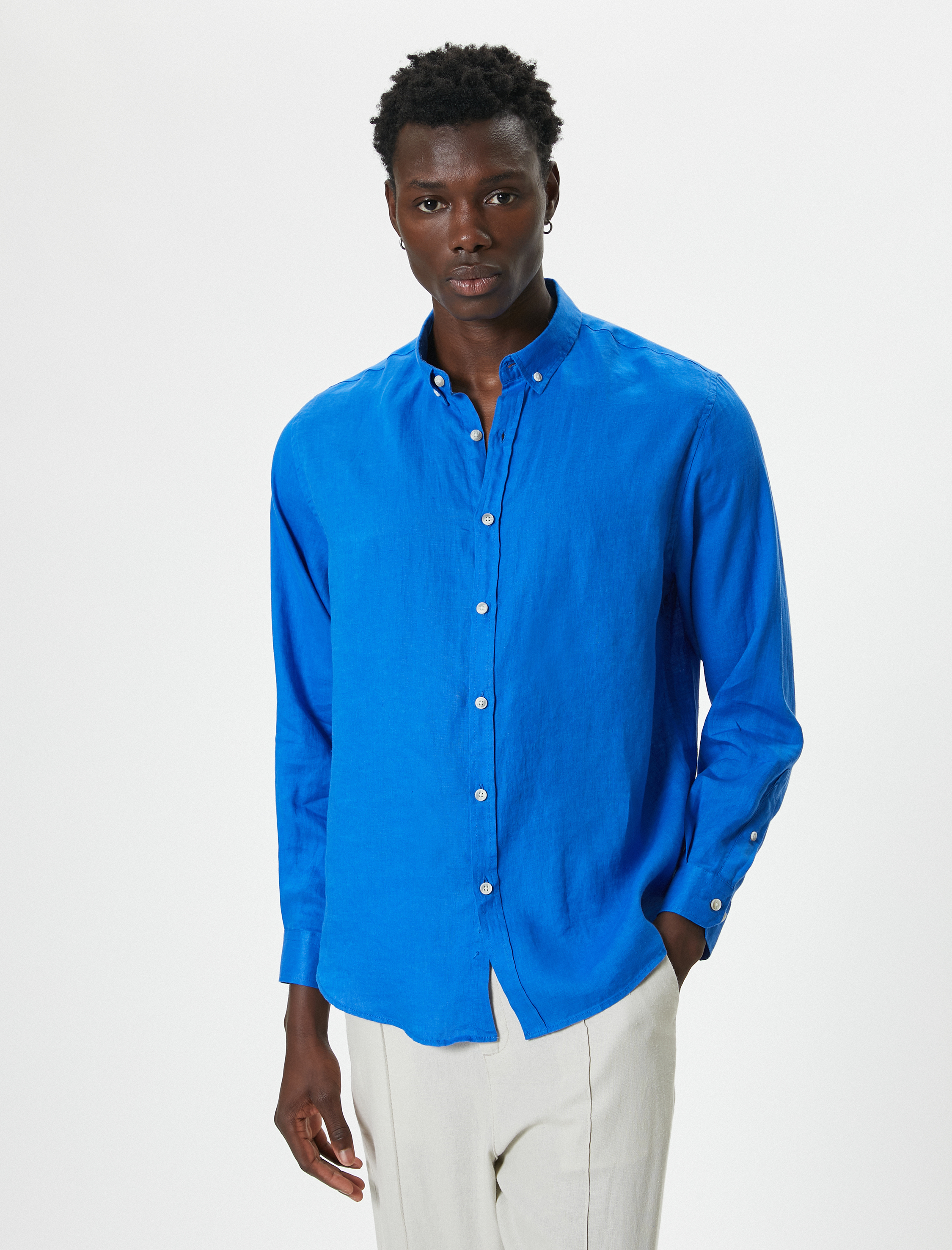   Keten Gömlek Klasik Yaka Uzun Kollu Düğmeli Regular Fit