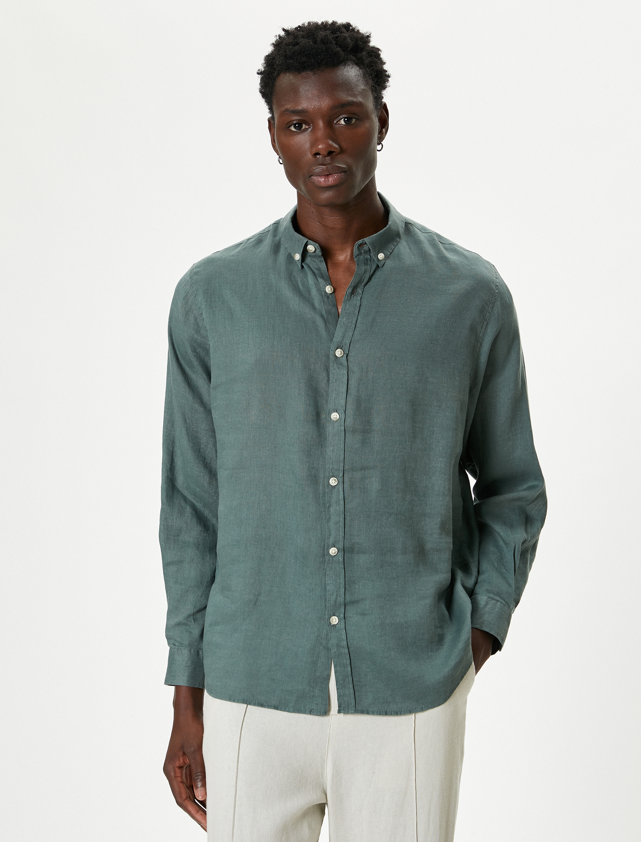   Keten Gömlek Klasik Yaka Uzun Kollu Düğmeli Regular Fit