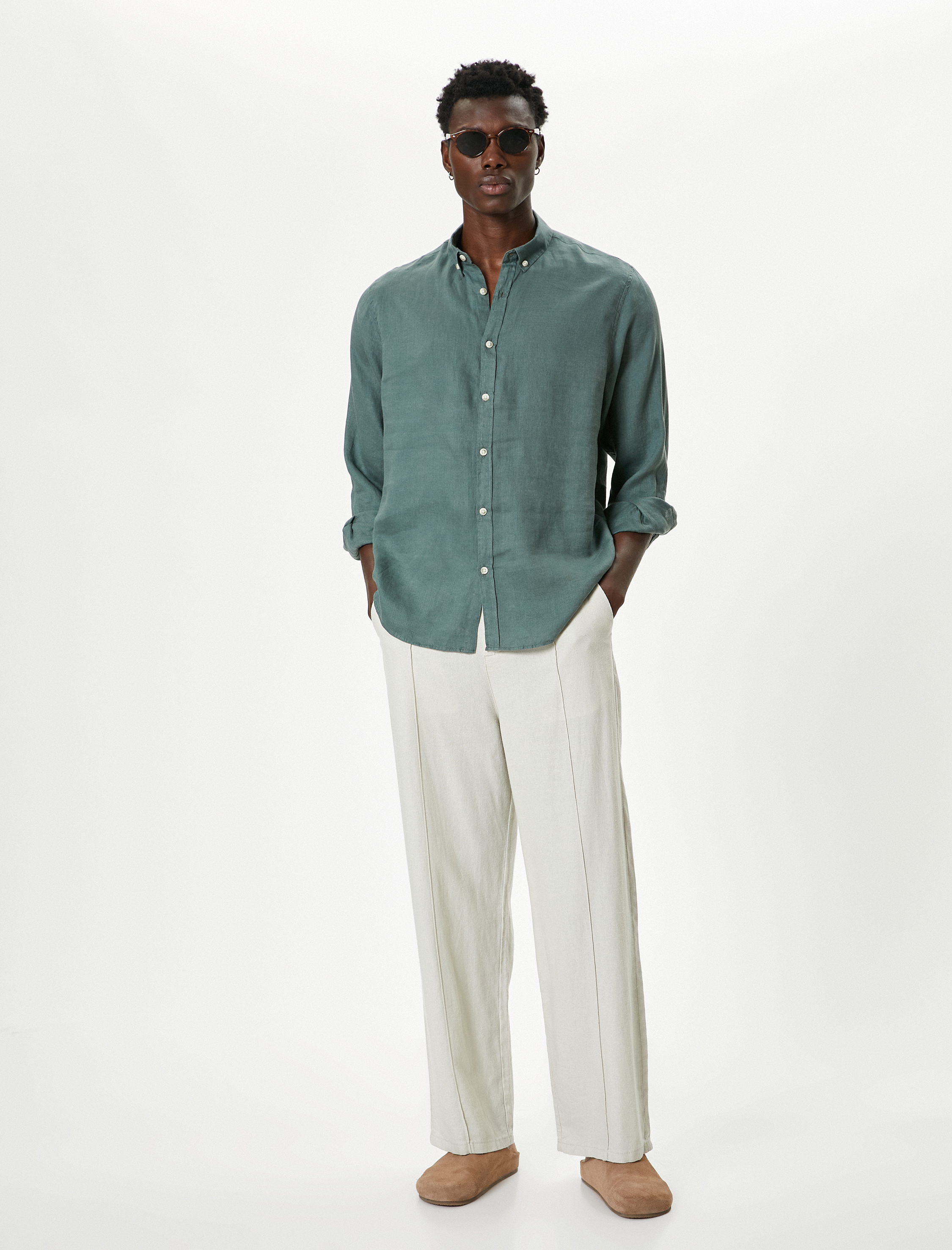   Keten Gömlek Klasik Yaka Uzun Kollu Düğmeli Regular Fit