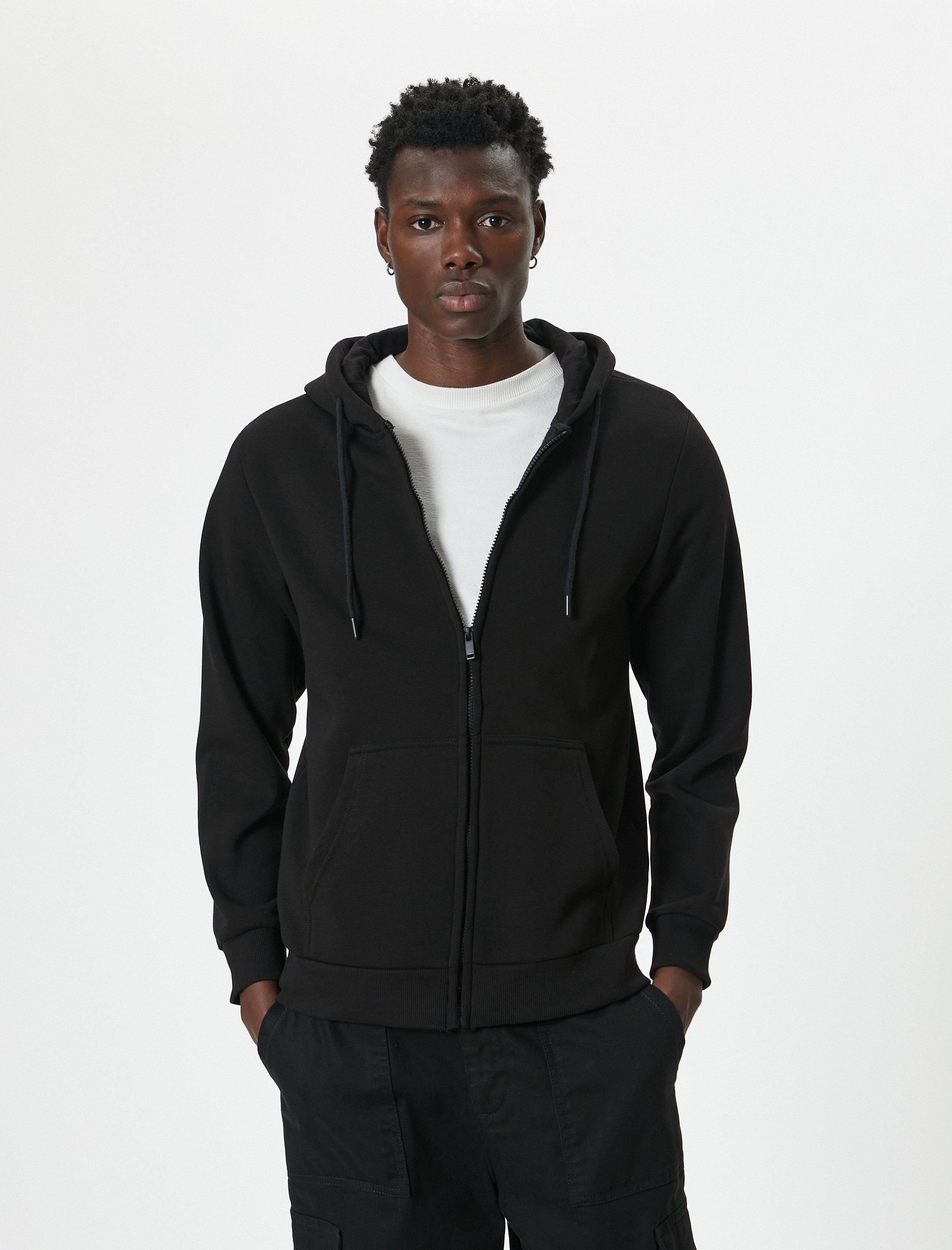   Cep Detaylı Şardonlu Fermuarlı Pamuklu Basic Kapşonlu Sweatshirt