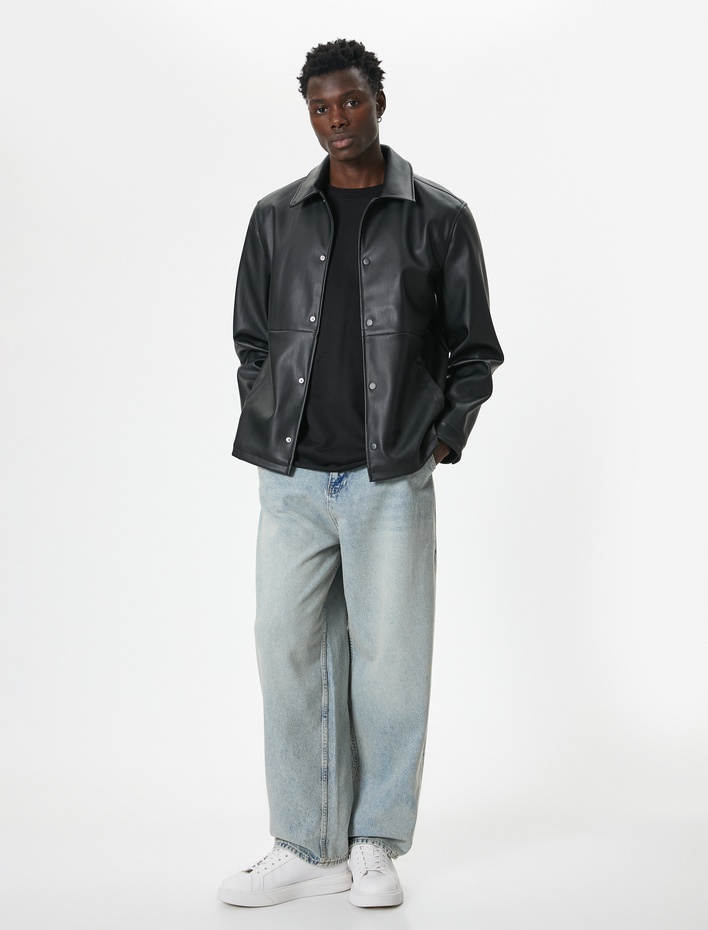  Suni Deri Ceket Slim Fit Cepli Düğme Detaylı