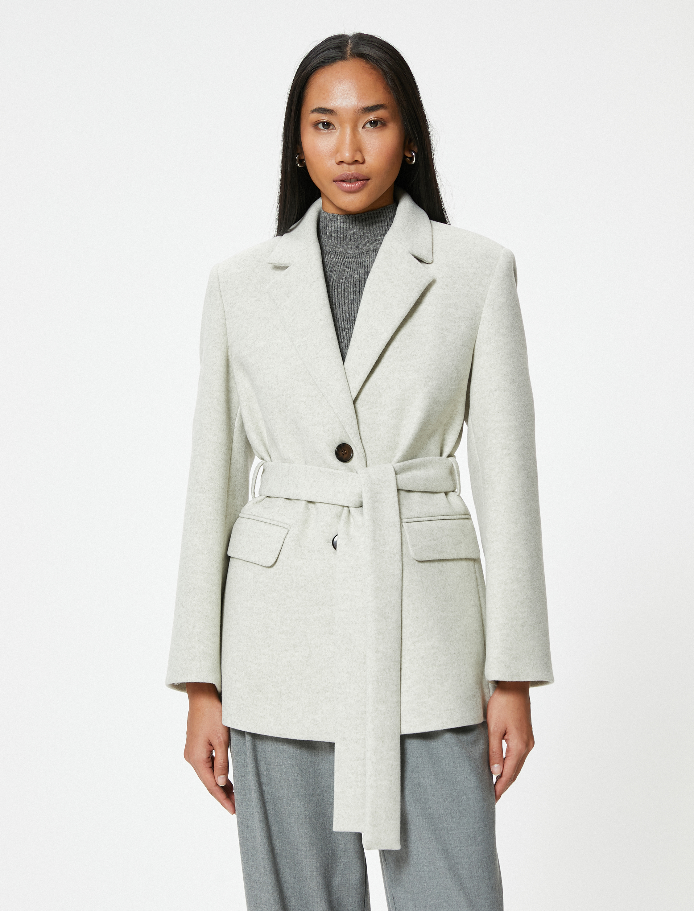 Kruvaze Kuşak Detaylı Kaşe Blazer Ceket