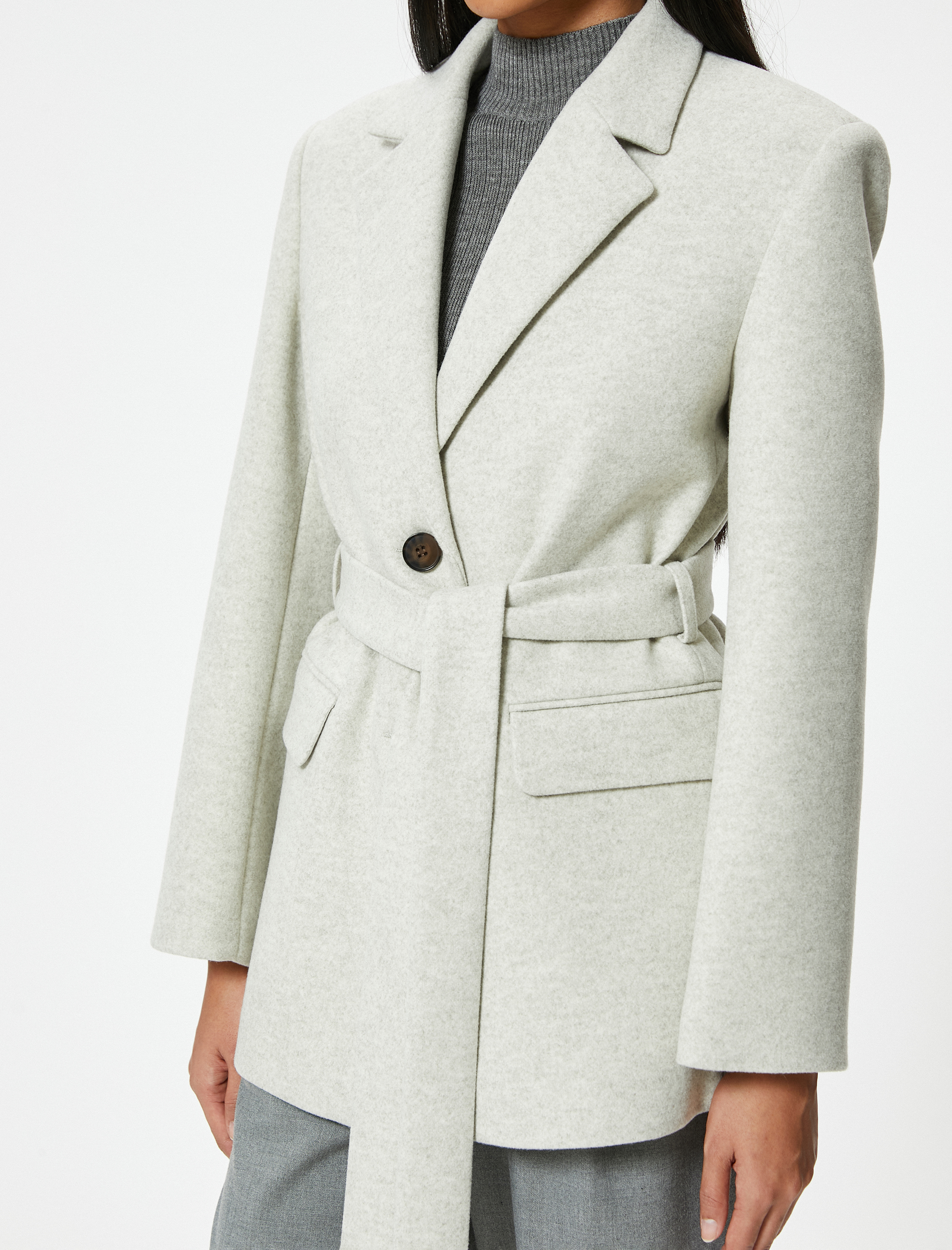 Kruvaze Kuşak Detaylı Kaşe Blazer Ceket