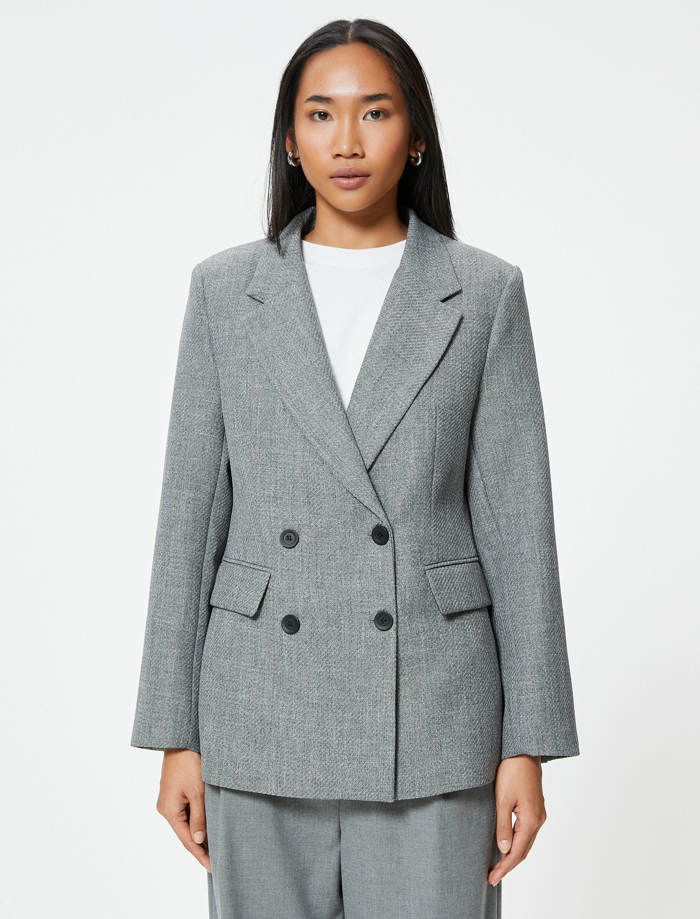   Kapaklı Cep Detaylı Dokulu Kruvaze Blazer Ceket