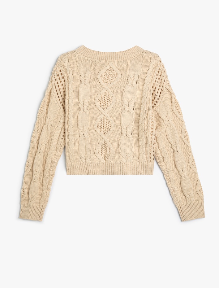 Kız Çocuk Crop Kazak Ajurlu Yuvarlak Yaka Uzun Kollu