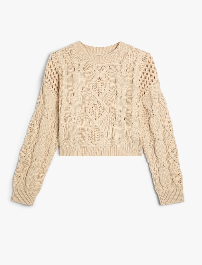 Kız Çocuk Crop Kazak Ajurlu Yuvarlak Yaka Uzun Kollu