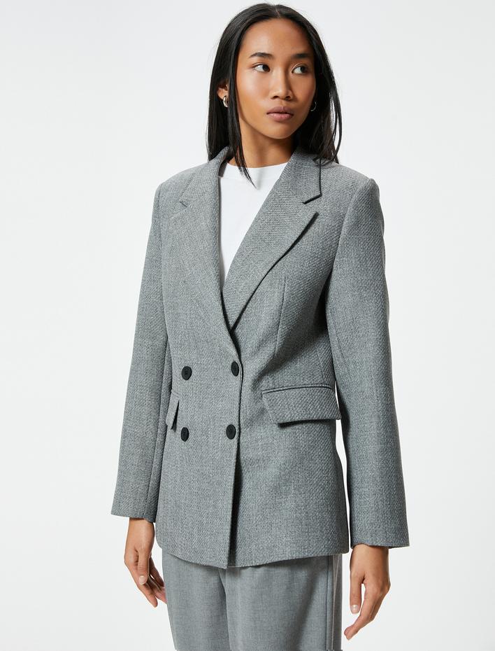  Kapaklı Cep Detaylı Dokulu Kruvaze Blazer Ceket