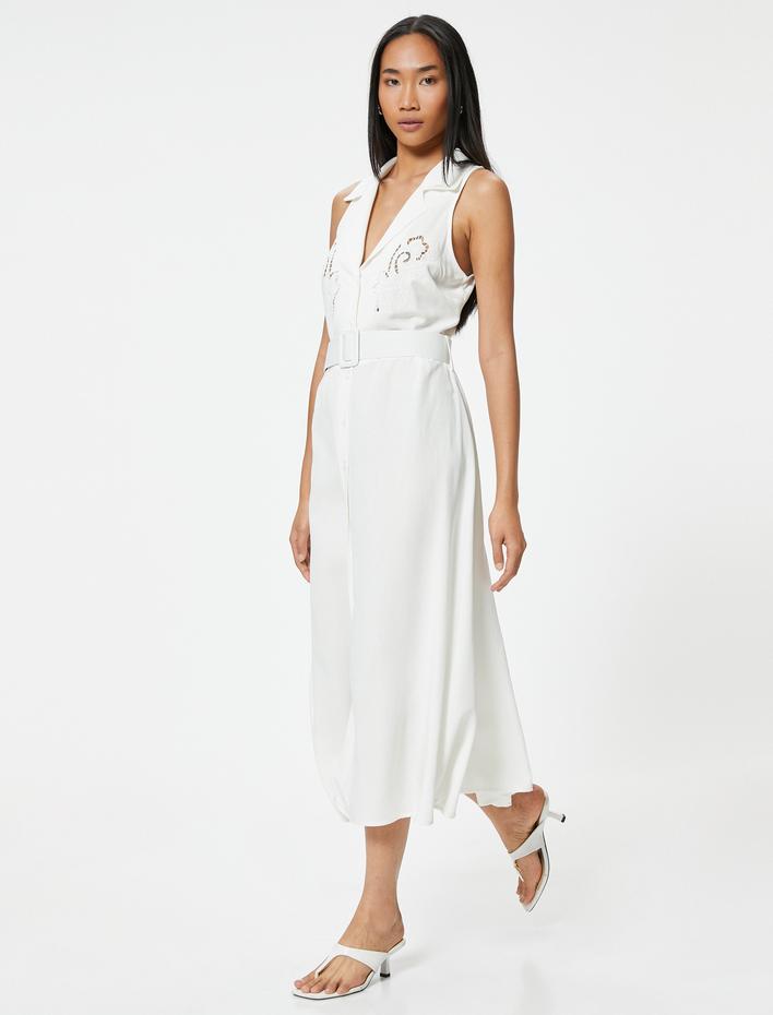  Kolsuz Midi Gömlek Elbise Kemerli Floral Fisto Detaylı