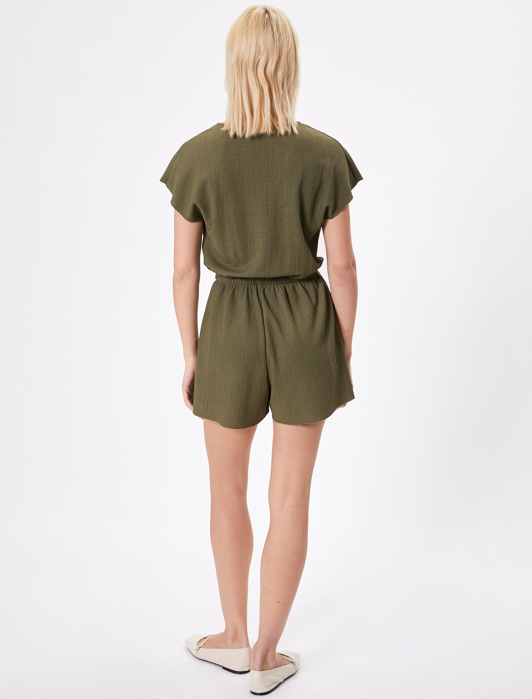   Mini Kruvaze Şort Tulum Dokulu Kısa Kollu Beli Bağlamalı