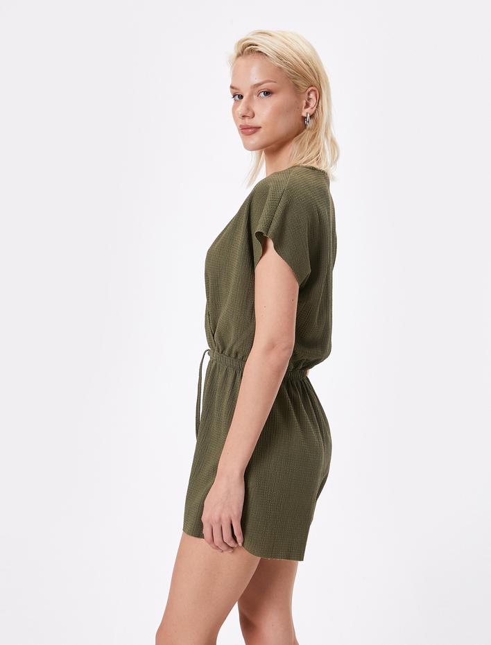  Mini Kruvaze Şort Tulum Dokulu Kısa Kollu Beli Bağlamalı