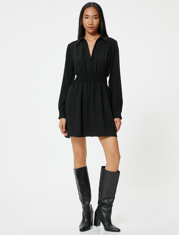  Gömlek Yaka Mini Elbise Uzun Kollu Beli Gipe Detaylı