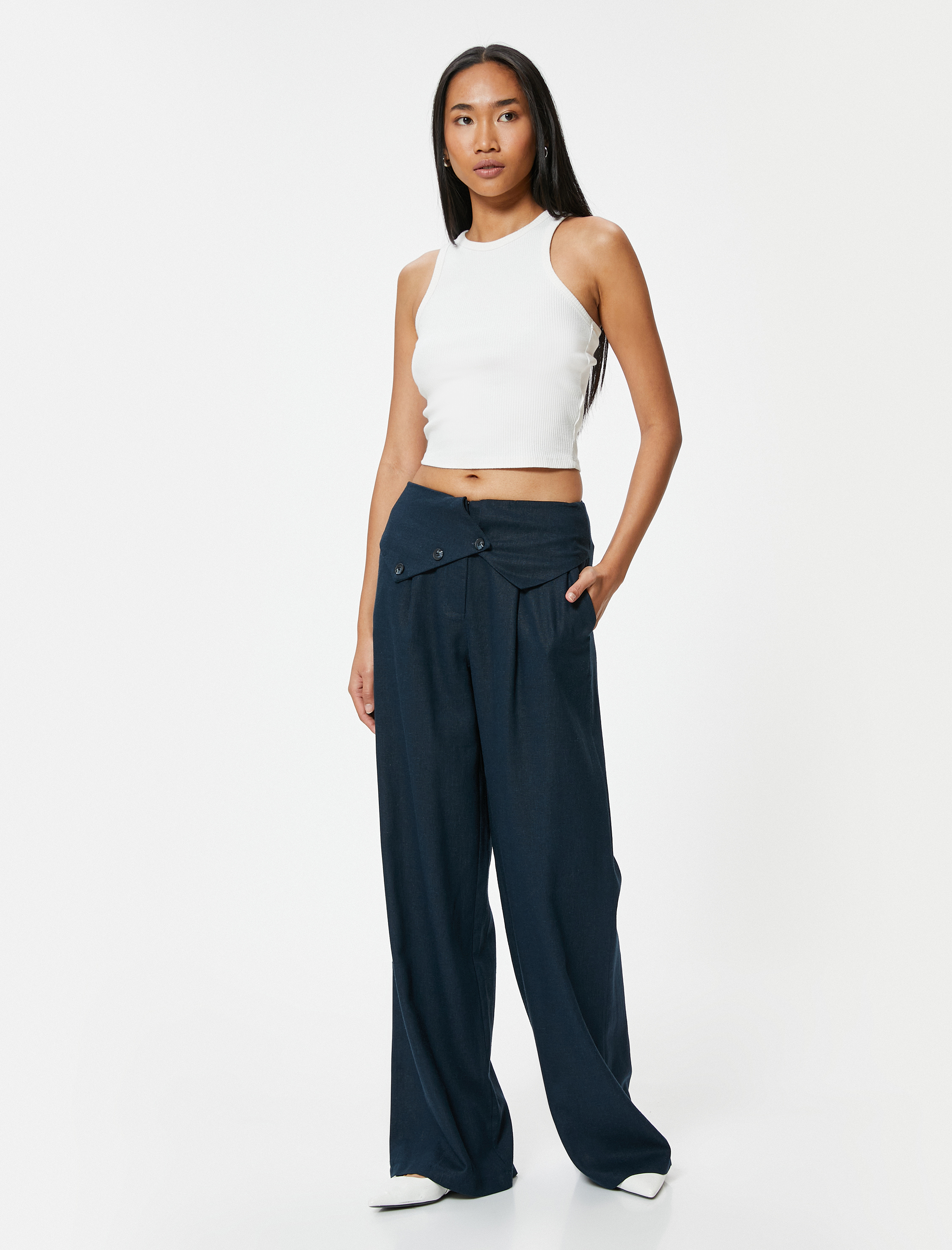   Keten Pantolon Bol Paça Yüksek Bel Kat Detaylı Düğmeli Cepli