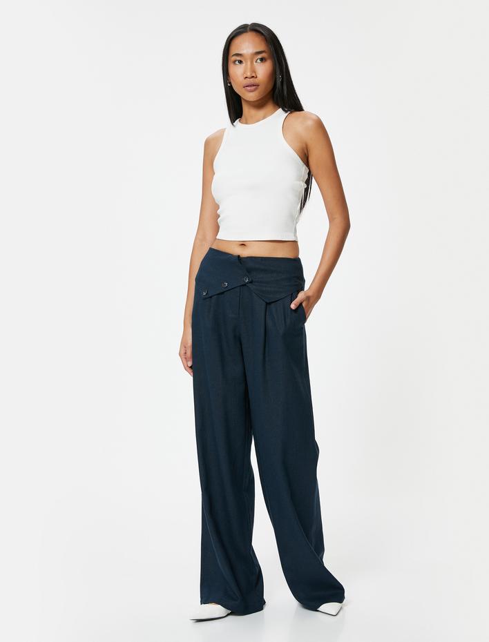  Keten Pantolon Bol Paça Yüksek Bel Kat Detaylı Düğmeli Cepli