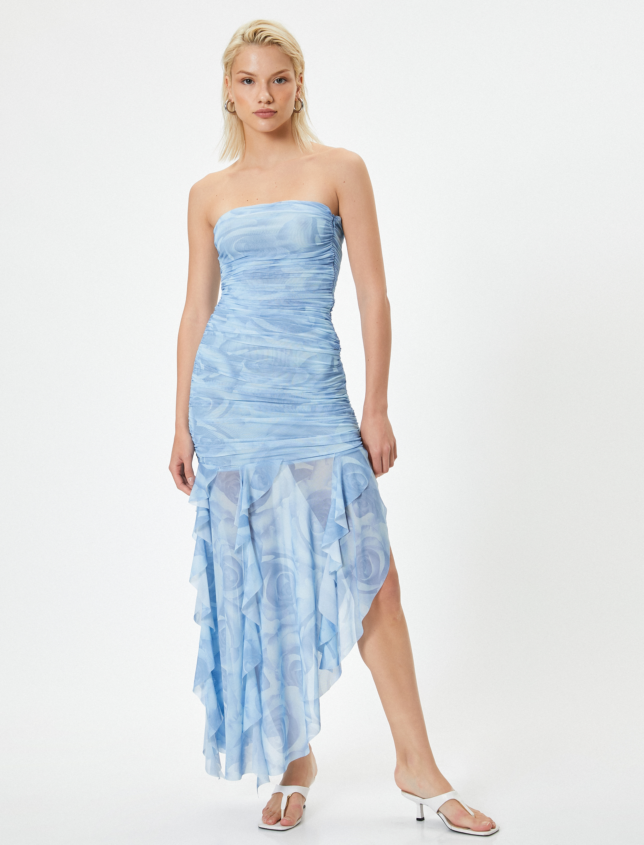 Koton X Sibil Çetinkaya - Çiçekli Tül Straplez Elbise Fırfırlı Asimetrik