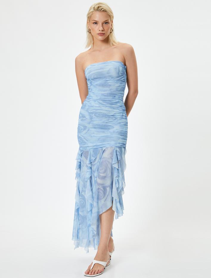  Koton X Sibil Çetinkaya - Çiçekli Tül Straplez Elbise Fırfırlı Asimetrik