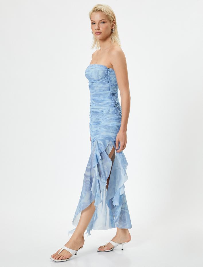  Koton X Sibil Çetinkaya - Çiçekli Tül Straplez Elbise Fırfırlı Asimetrik