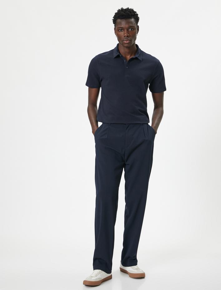  Polo Yaka Tişört Jakarlı Dokulu Düğmeli Kısa Kollu