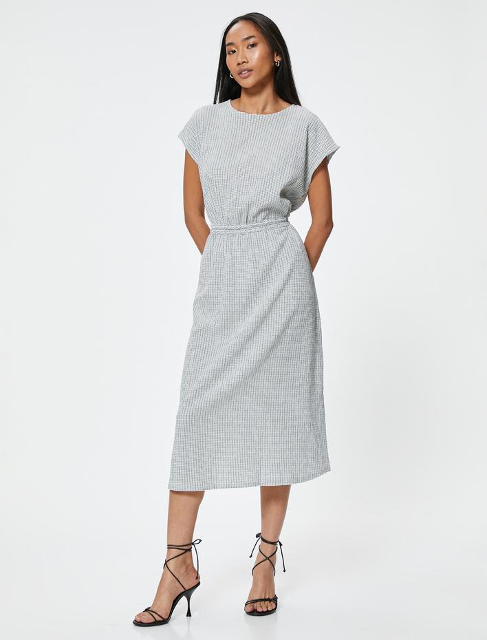  Midi Elbise Kısa Kollu Bisiklet Yaka