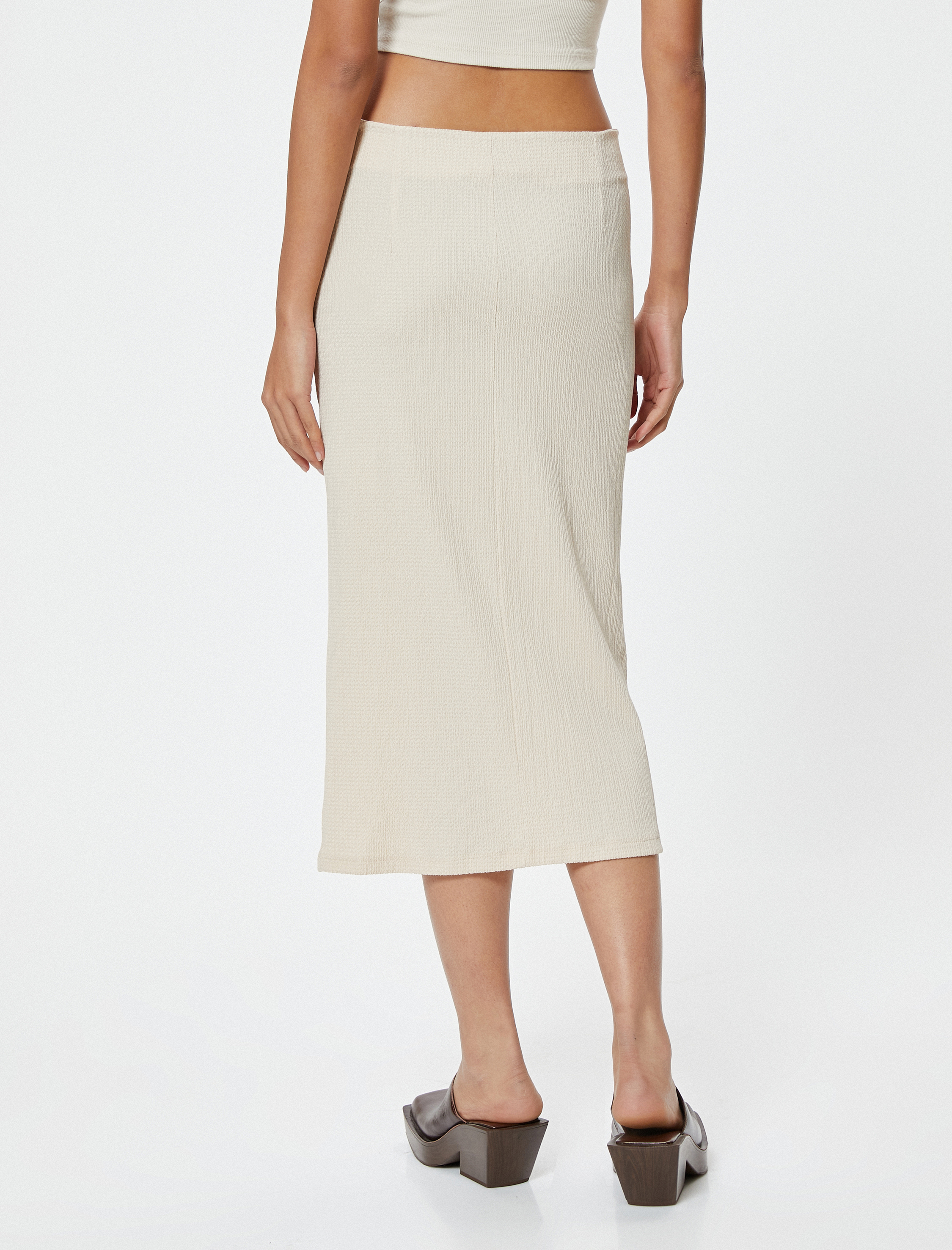 Midi Etek Drapeli Yırtmaç Detaylı Yüksek Bel