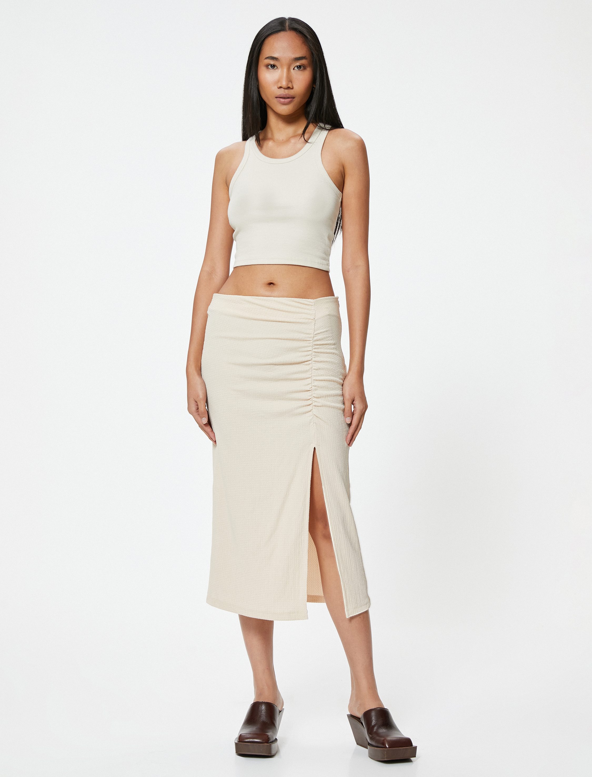 Midi Etek Drapeli Yırtmaç Detaylı Yüksek Bel