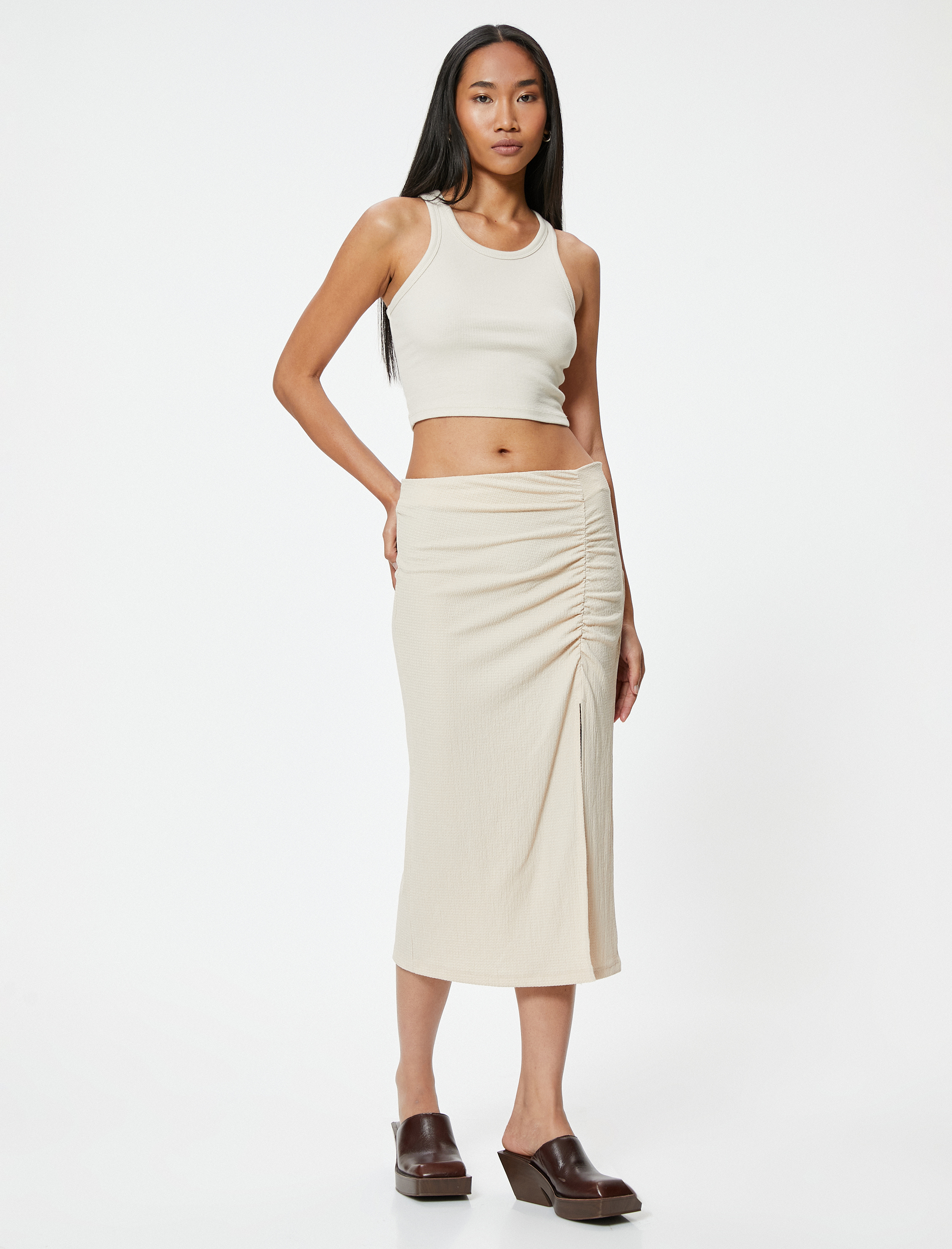 Midi Etek Drapeli Yırtmaç Detaylı Yüksek Bel