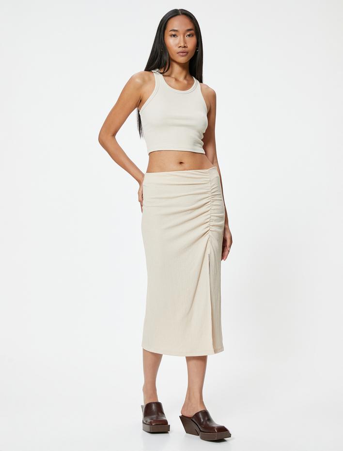  Midi Etek Drapeli Yırtmaç Detaylı Yüksek Bel