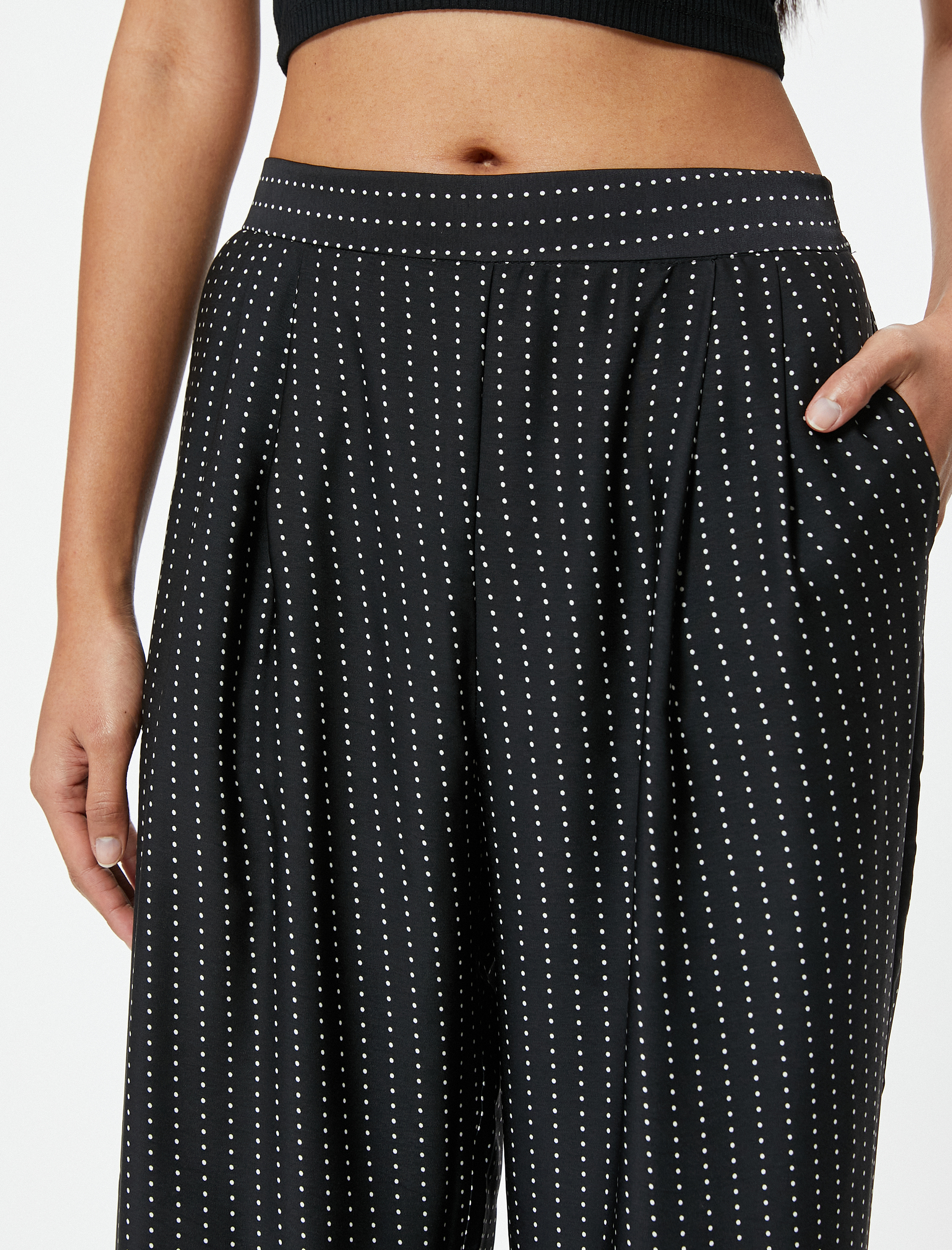   Puantiyeli Palazzo Pantolon Geniş Paça Cepli Yüksek Bel