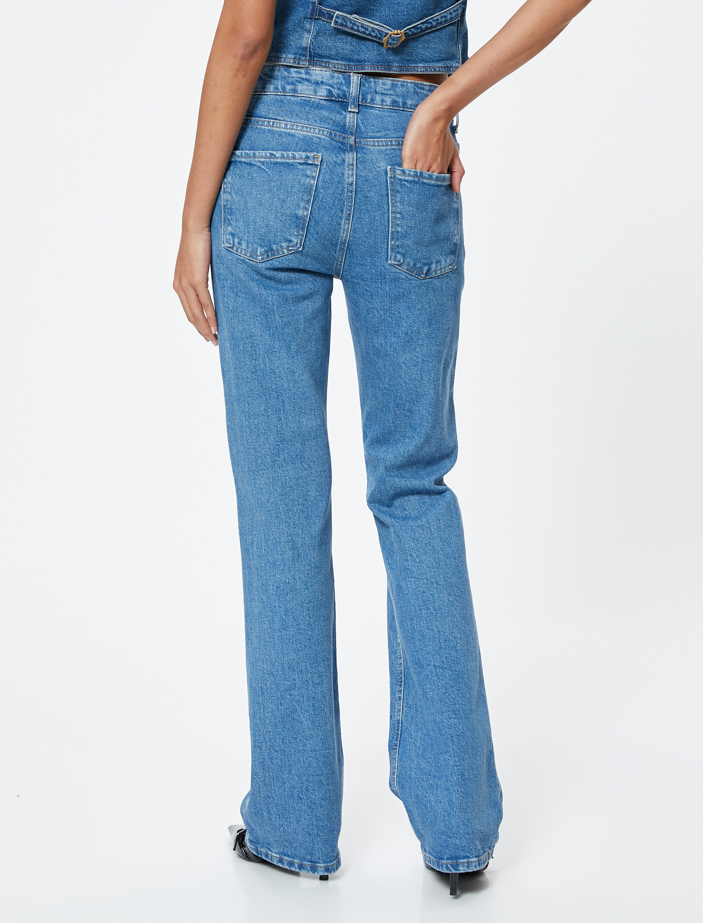   İspanyol Paça Kot Pantolon Yüksek Bel Cepli - Flare Slim Jeans